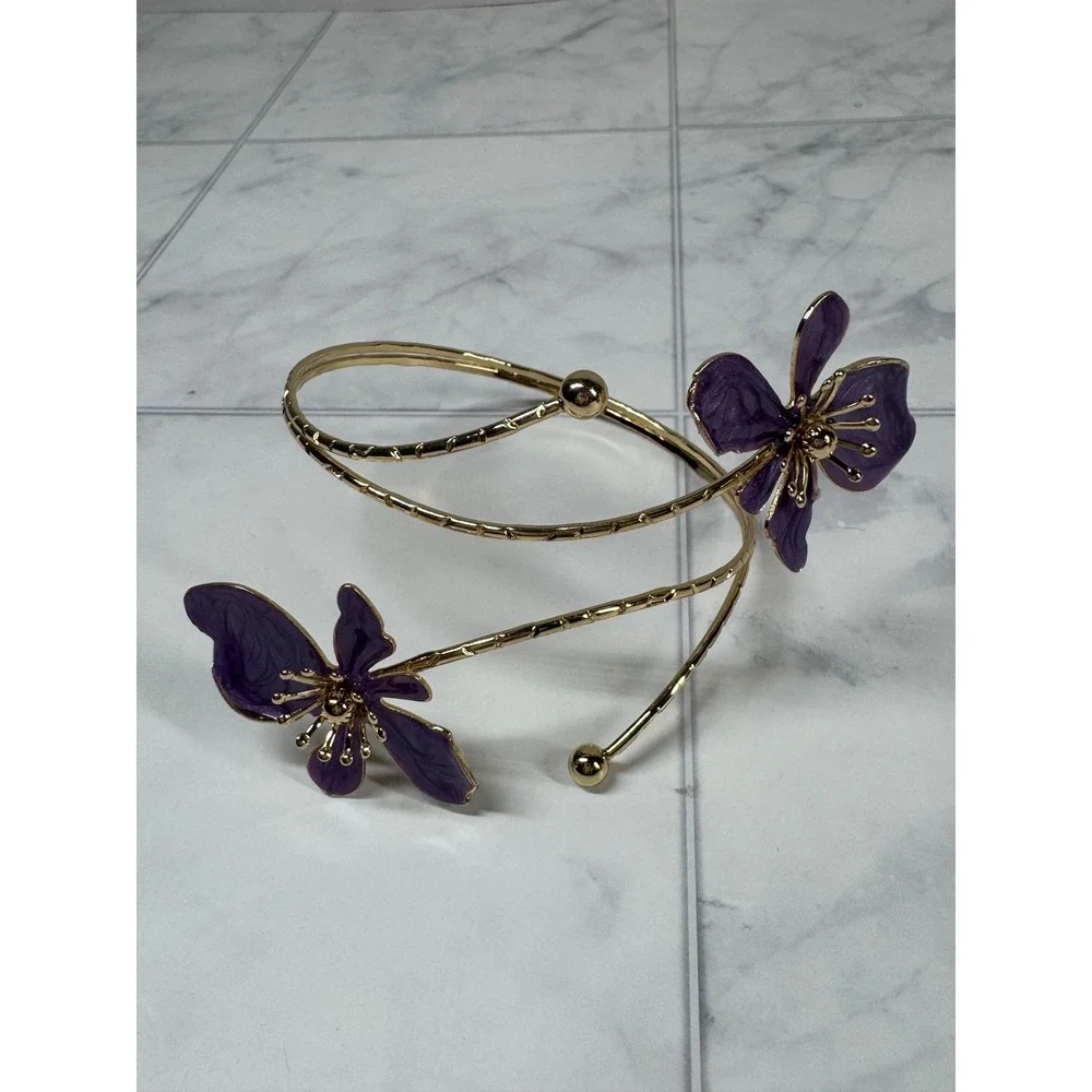 Purple Enamel Floral Double-Ended Gold Tone Arm Cuff Bangle For Women New